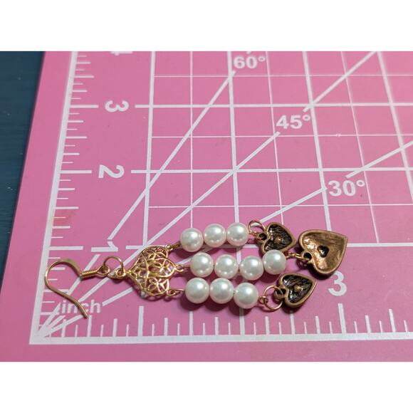 Rose Tone Triple Pearl Strand Dangle Hearts Earrings - Picture 2 of 4